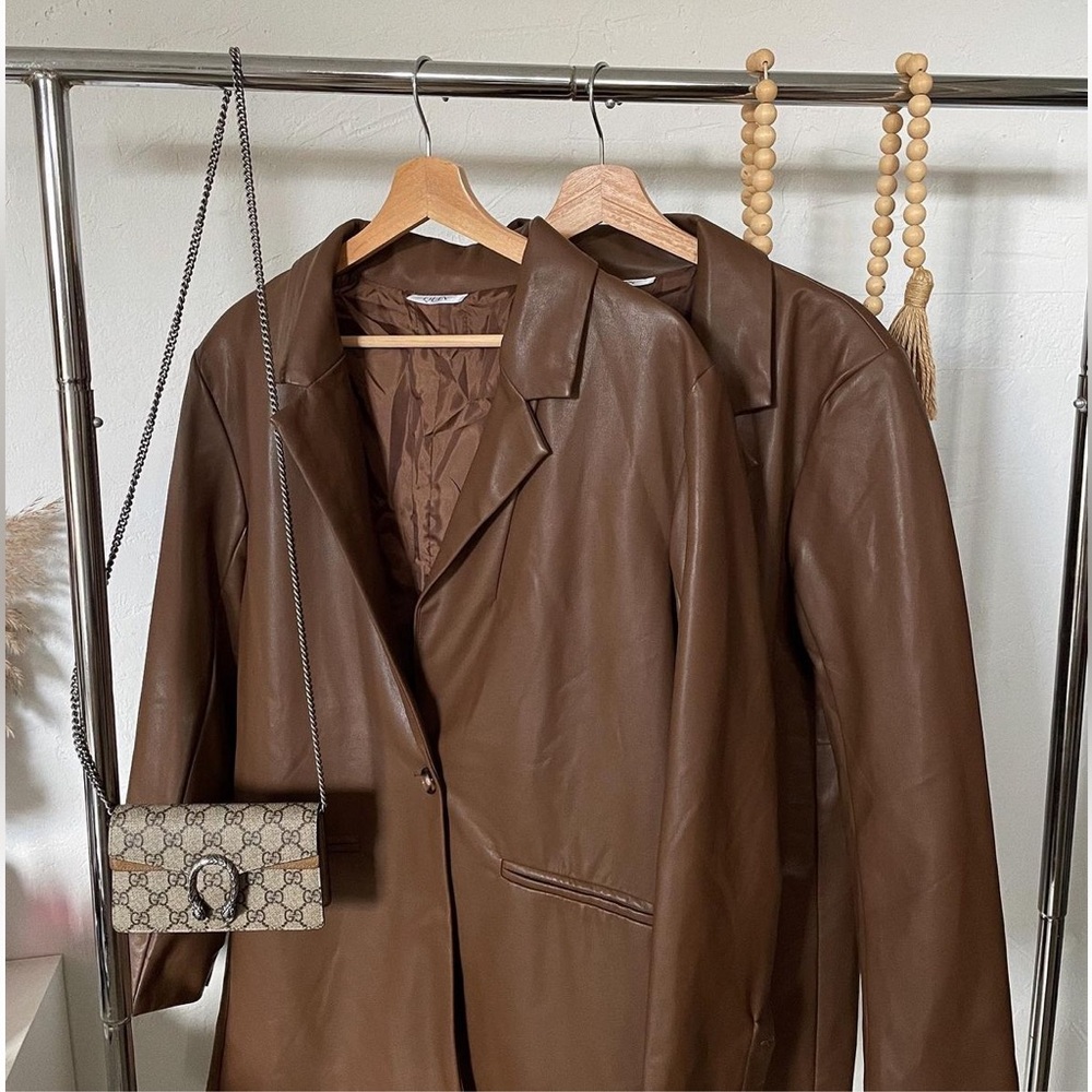 Brown faux leather blazer jacket
